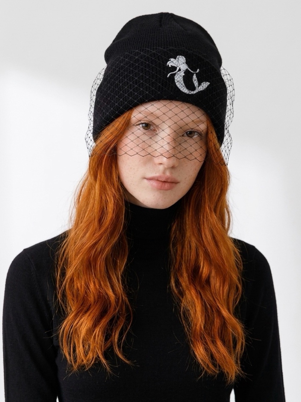 Disney Black Beanie with White Mermaid Patch and Pom
